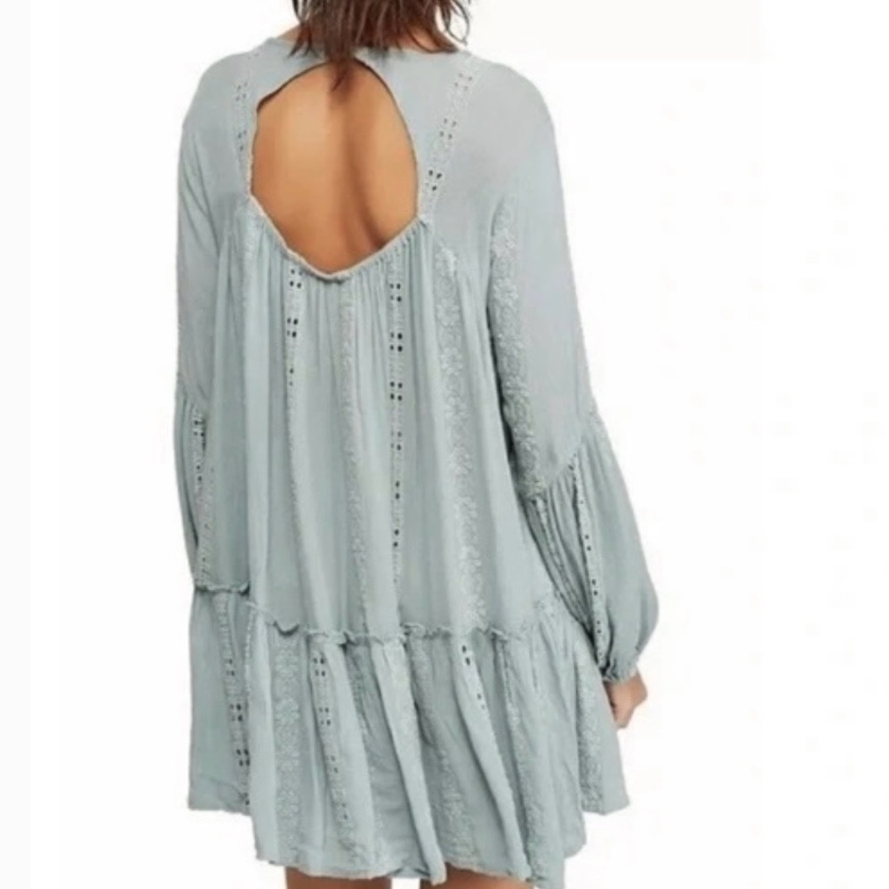 Free People Seafoam Green Embroidered Boho Tunic Dress Open Back Size SP